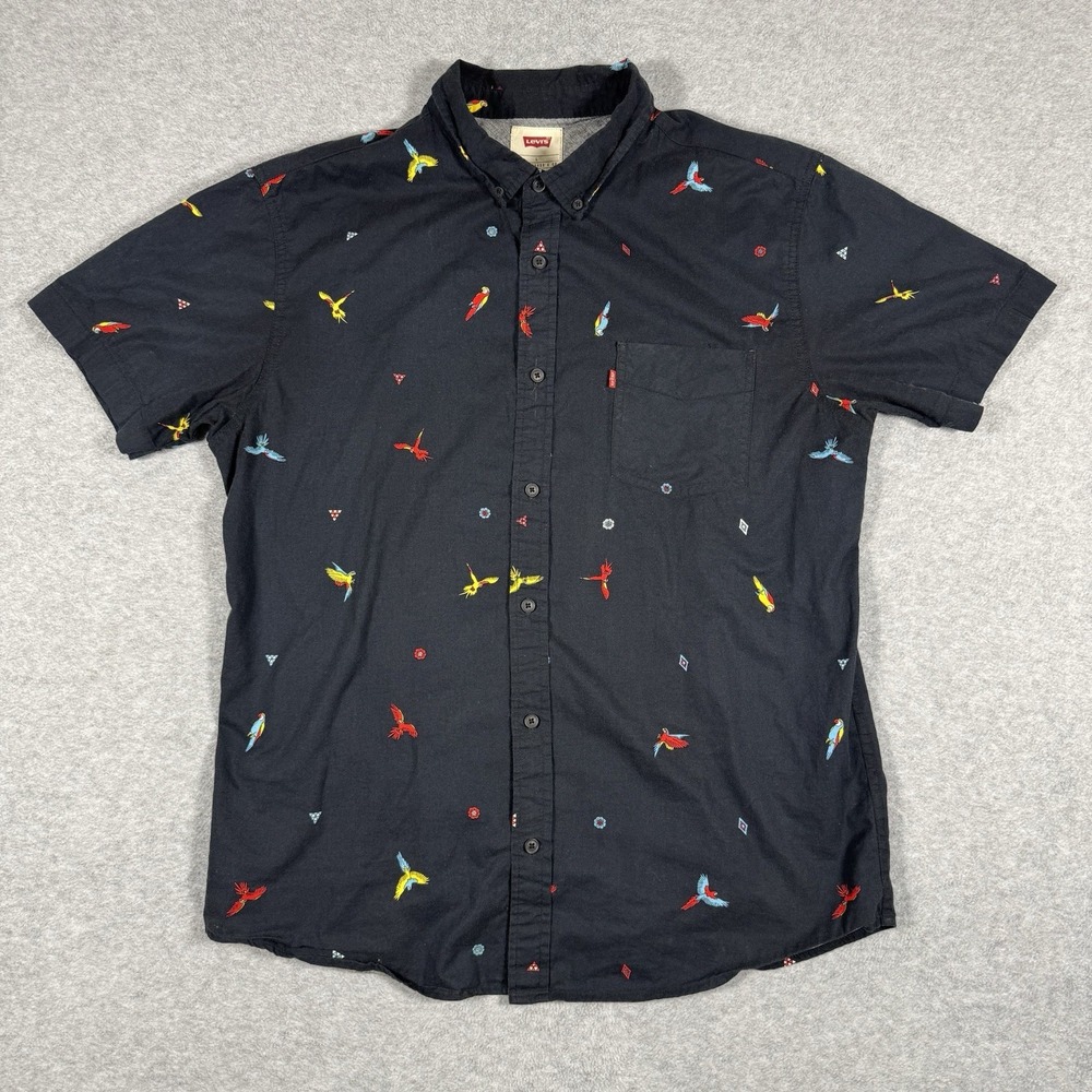 Levi's Black Parrot Bird Print Men's L Short Sleeve Button Up Shirt Tropical